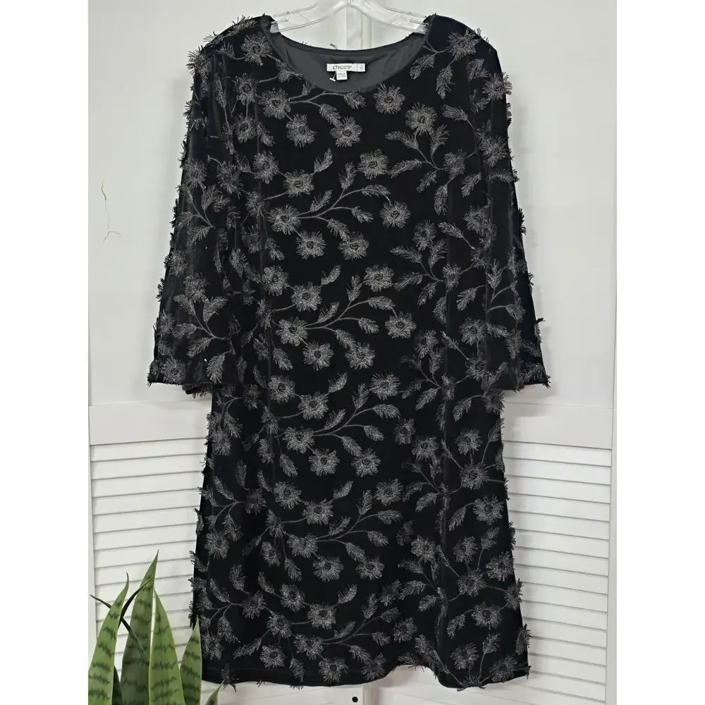 Chico’s Dress 3D Embroidered Floral Bell Sleeve Midi Black Velvet Size 2 Large